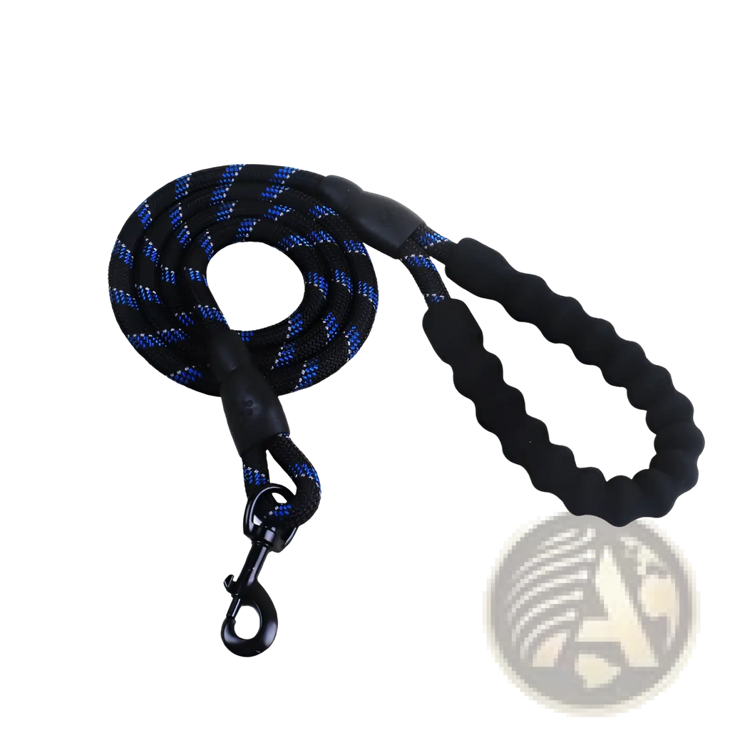 Reflective dog leash with black and blue braided design, padded foam comfort handle, and black metal clasp