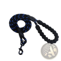 Reflective dog leash with black and blue braided design, padded foam comfort handle, and black metal clasp
