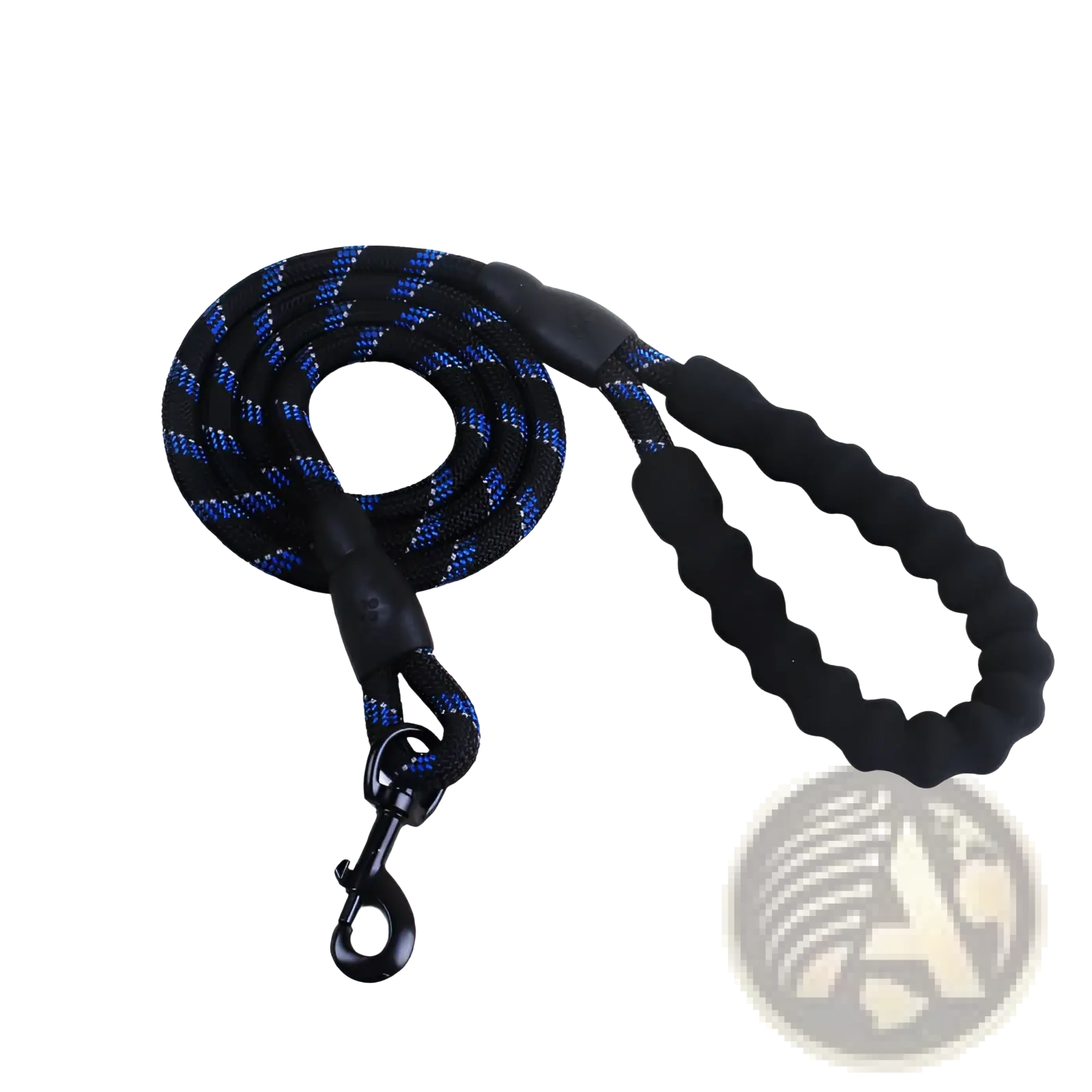 Reflective dog leash with black and blue braided design, padded foam comfort handle, and black metal clasp