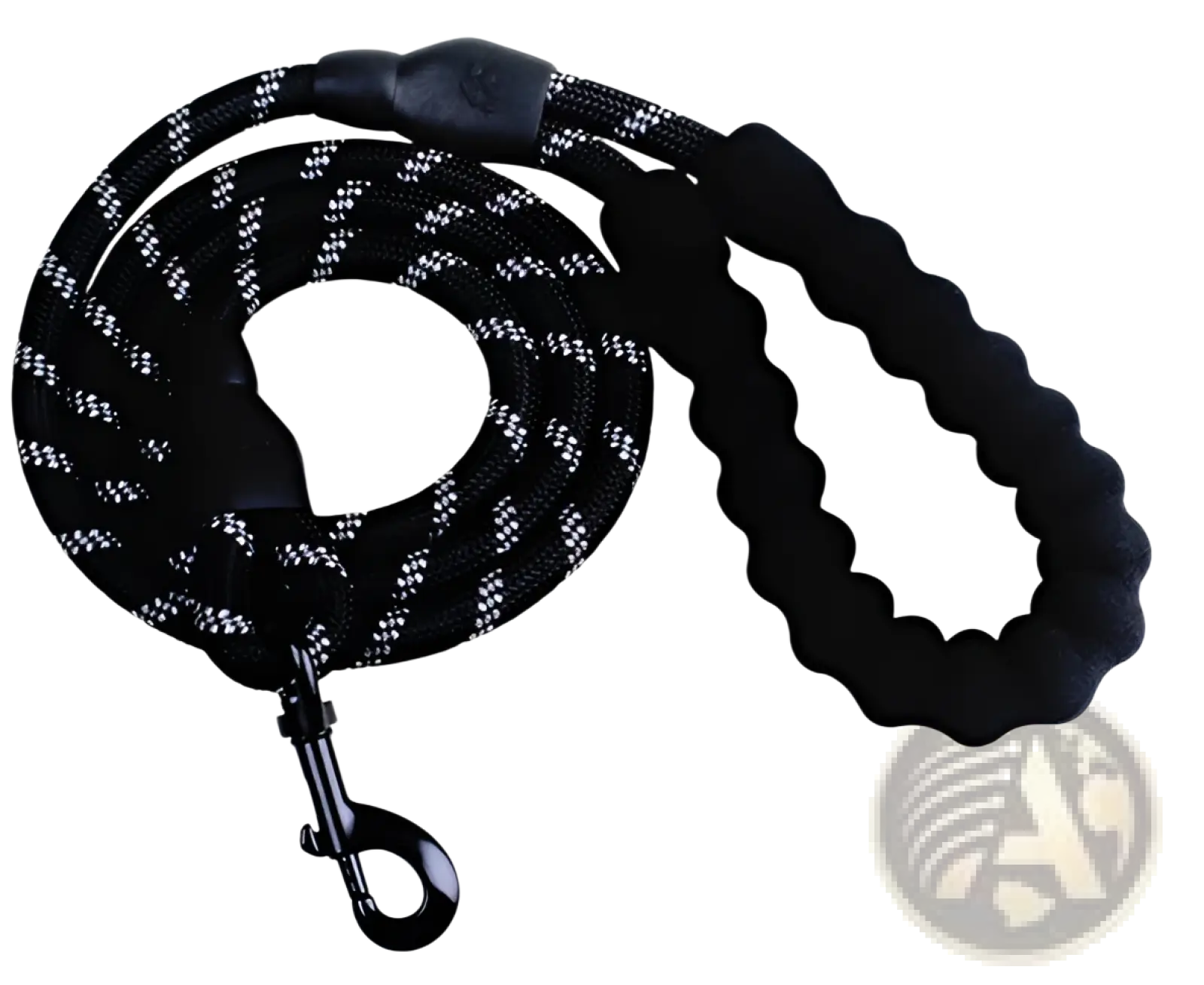 Black and white braided reflective dog leash with padded foam textured grip handle and metal clasp