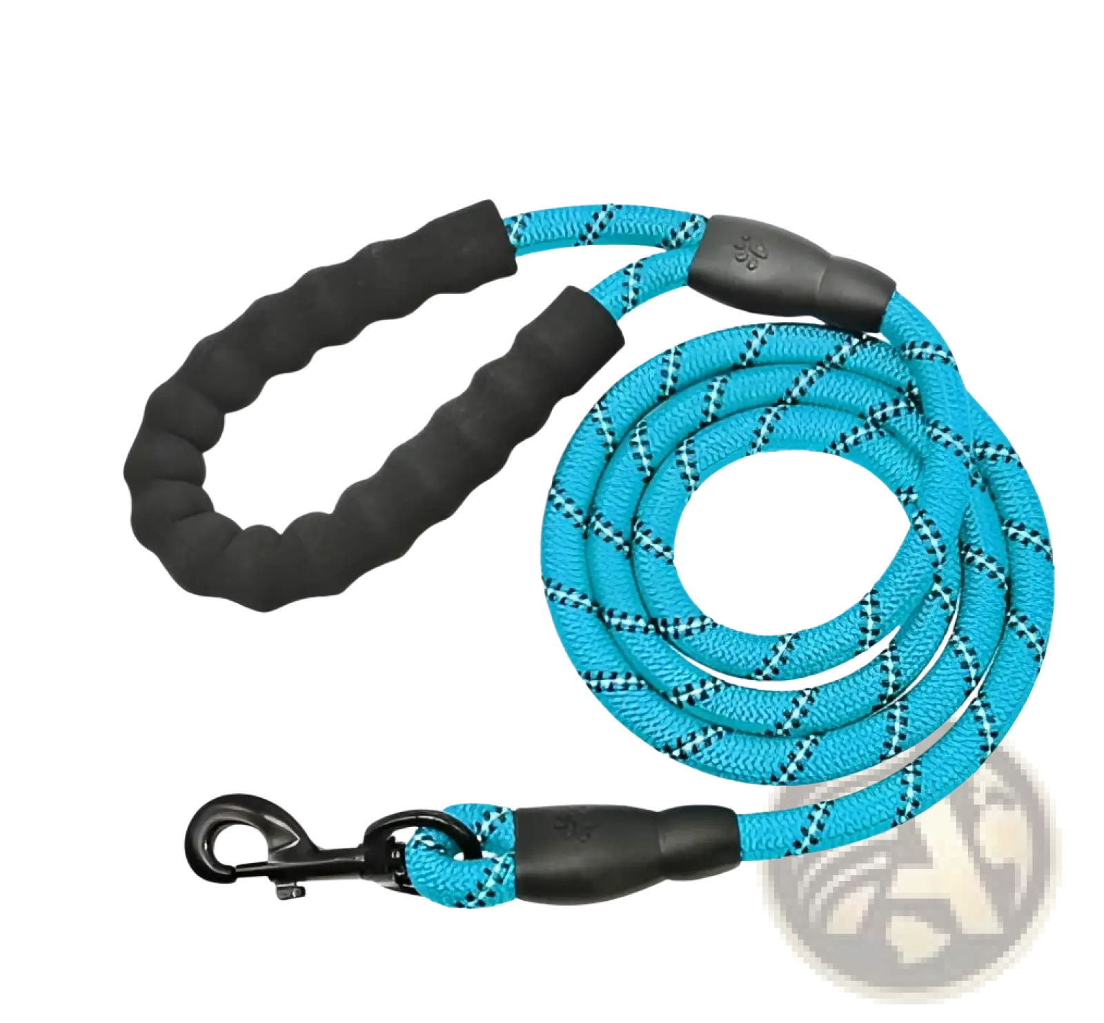 A vibrant turquoise reflective dog leash with padded black foam comfort handles and a sturdy metal clasp