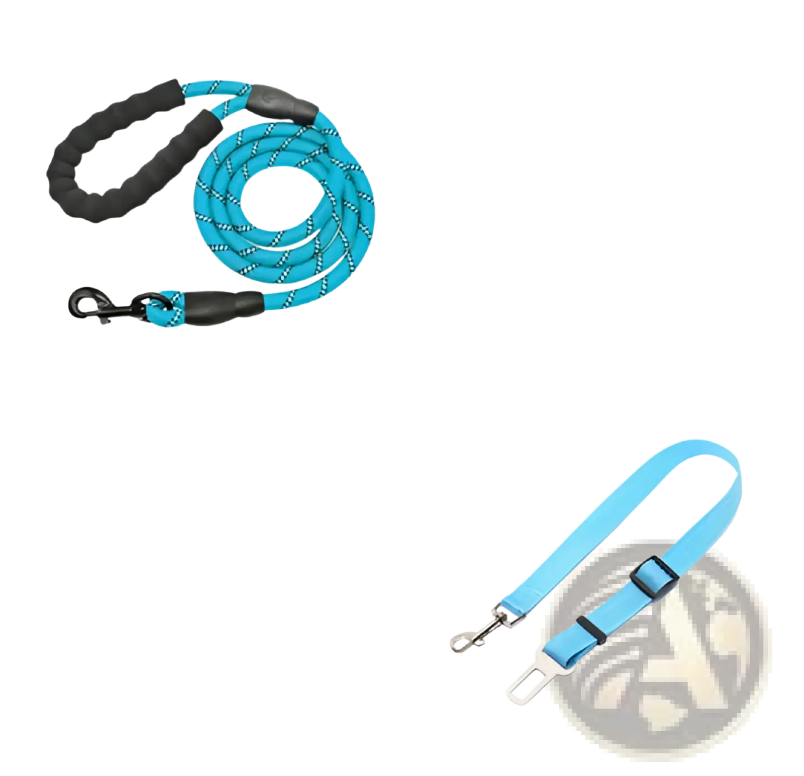 Reflective blue woven dog leash with black padded foam handle and metal clasp for comfortable secure walking