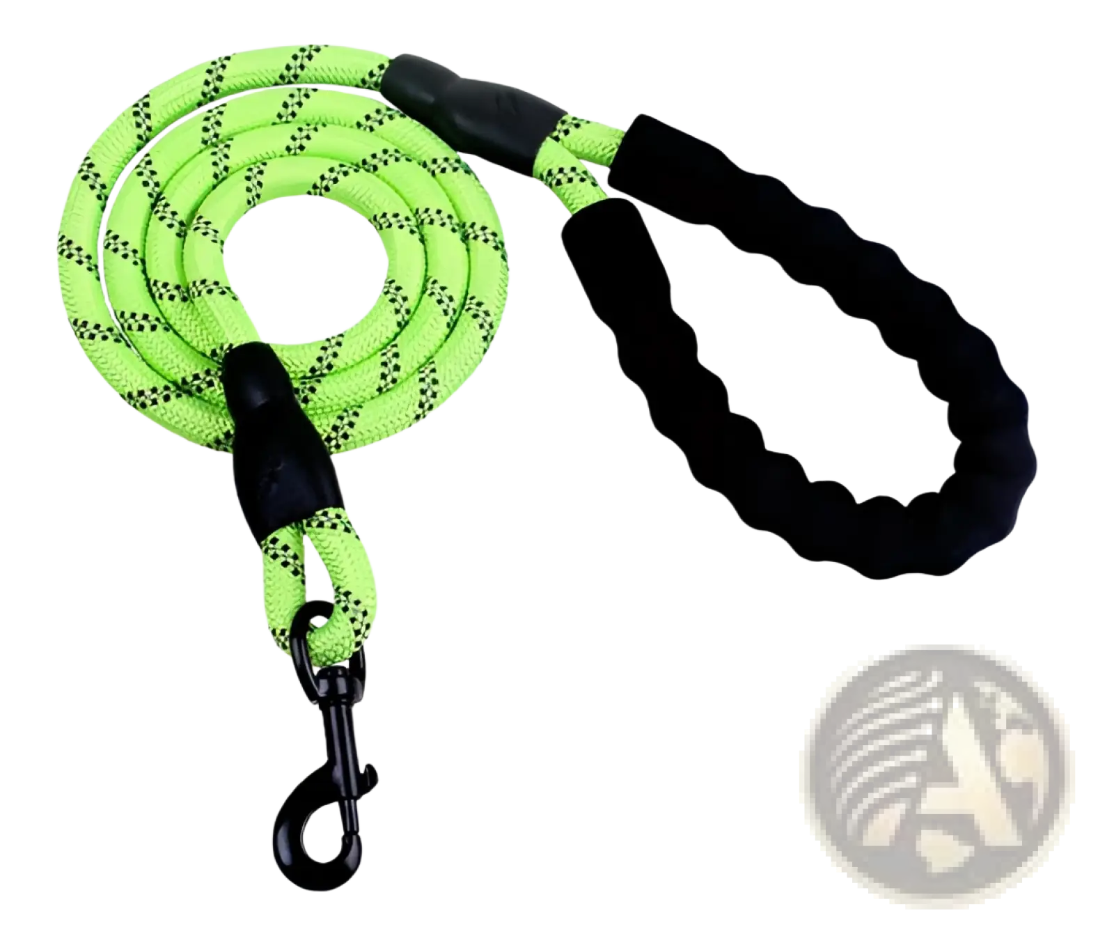 Reflective dog leash in neon green and black woven material with padded foam comfort handle and textured grip