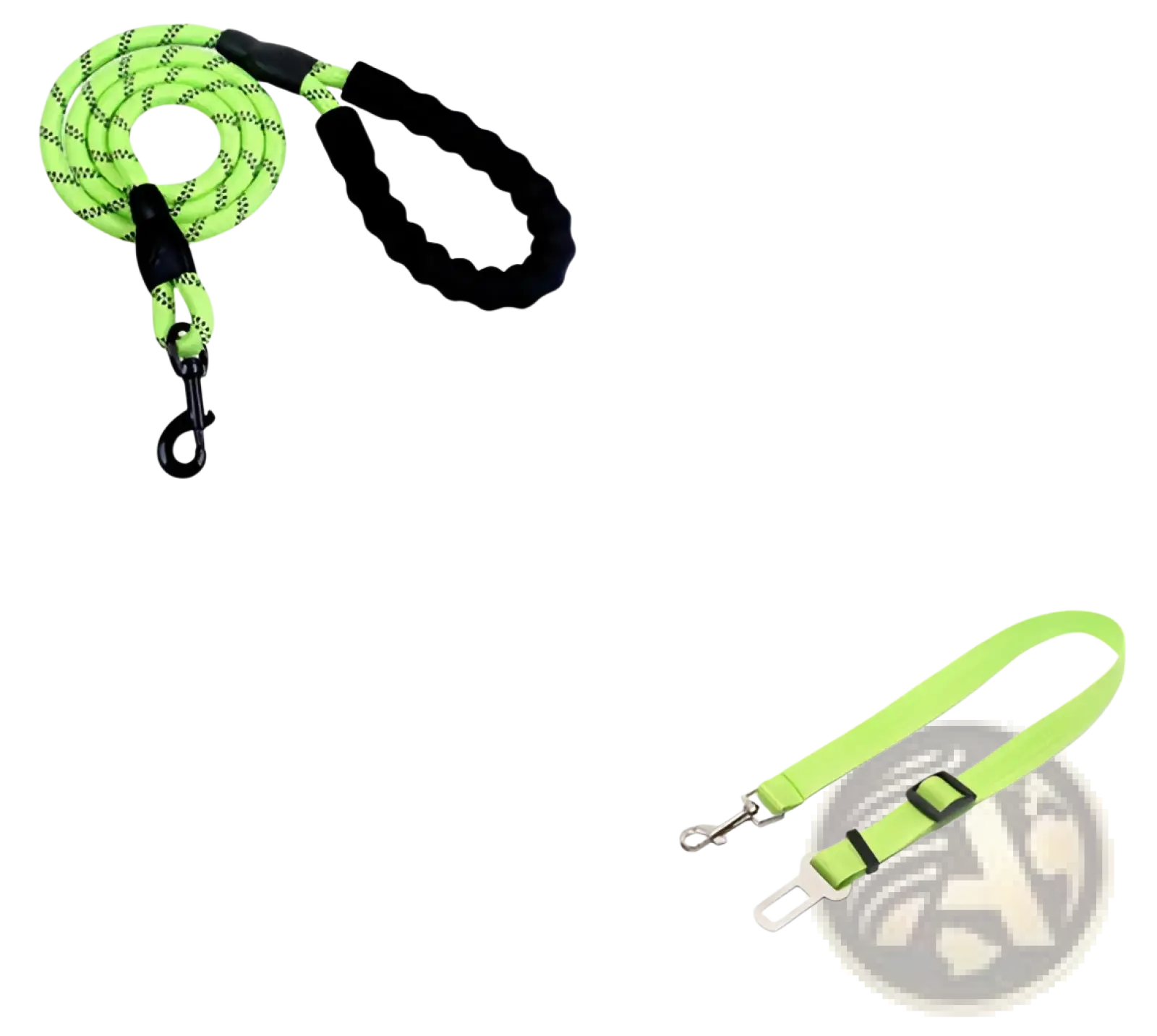 Reflective dog leash in neon green and black woven material with a durable padded foam comfort handle