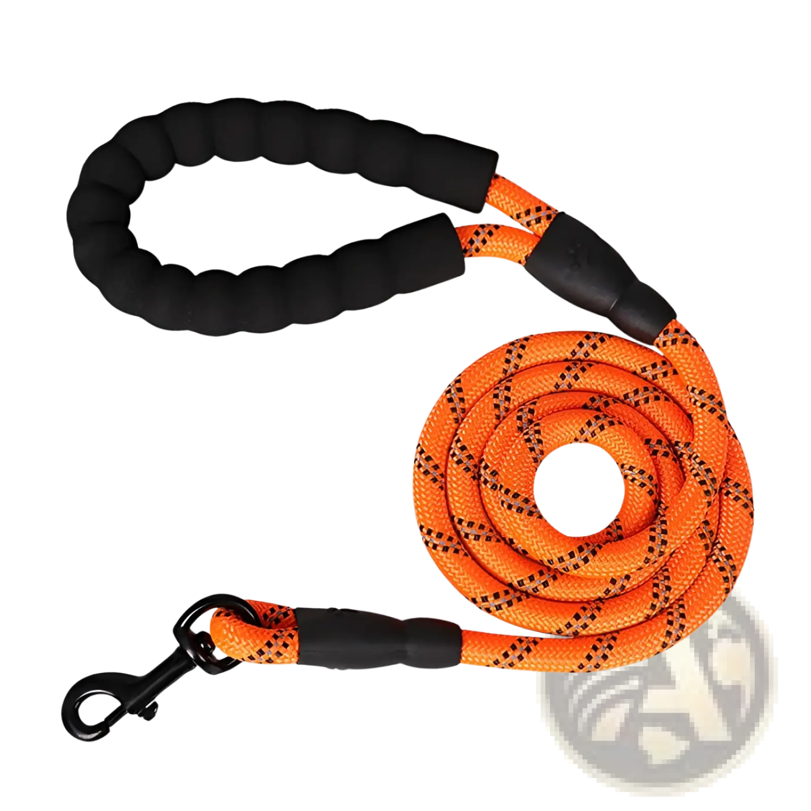 Reflective dog leash in bright orange rope with black padded foam comfort handle and sturdy metal clasp