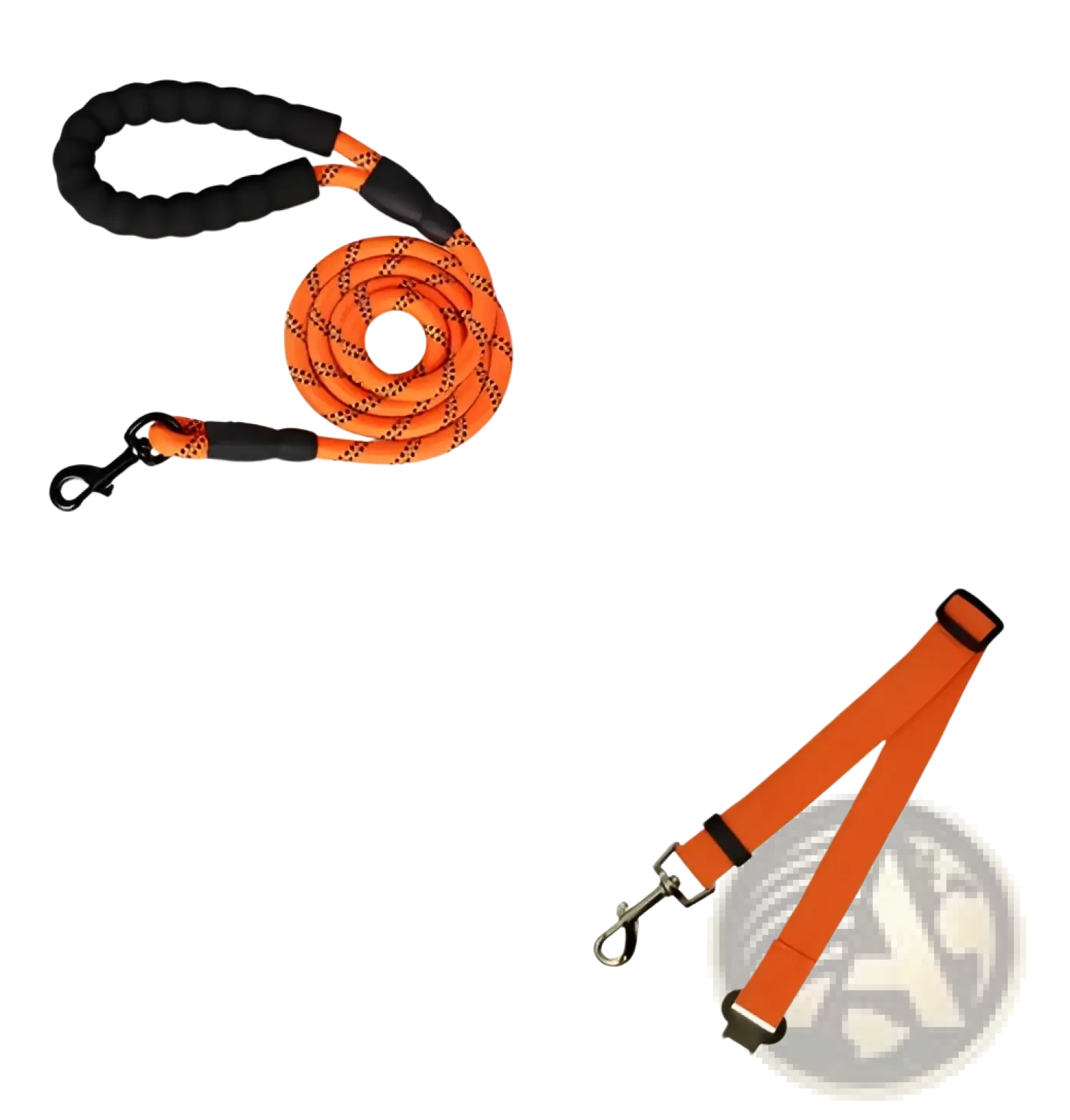 Orange woven reflective dog leash with black padded foam comfort handle and metal clasp for secure walking