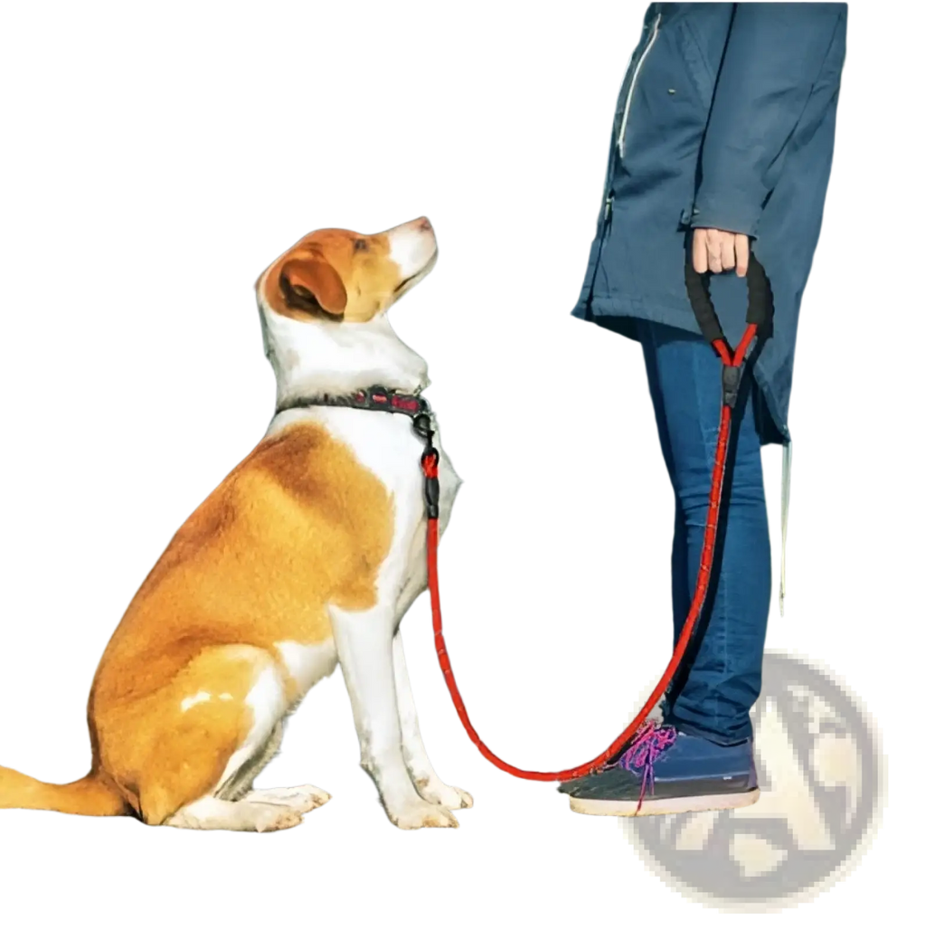 Reflective dog leash made of red woven material with black padded foam comfort handles for secure walking