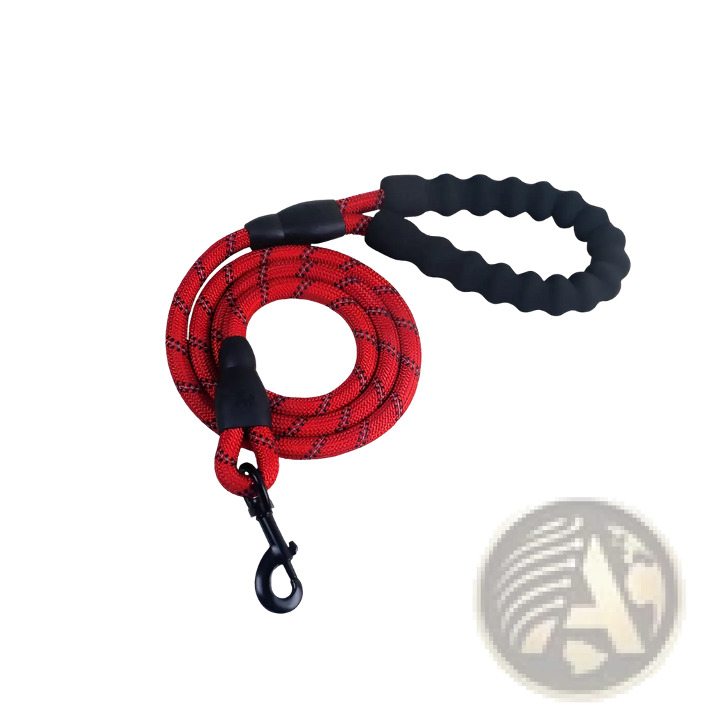Reflective dog leash with red and black braided design, padded foam comfort handle, textured grip, and metal clasp