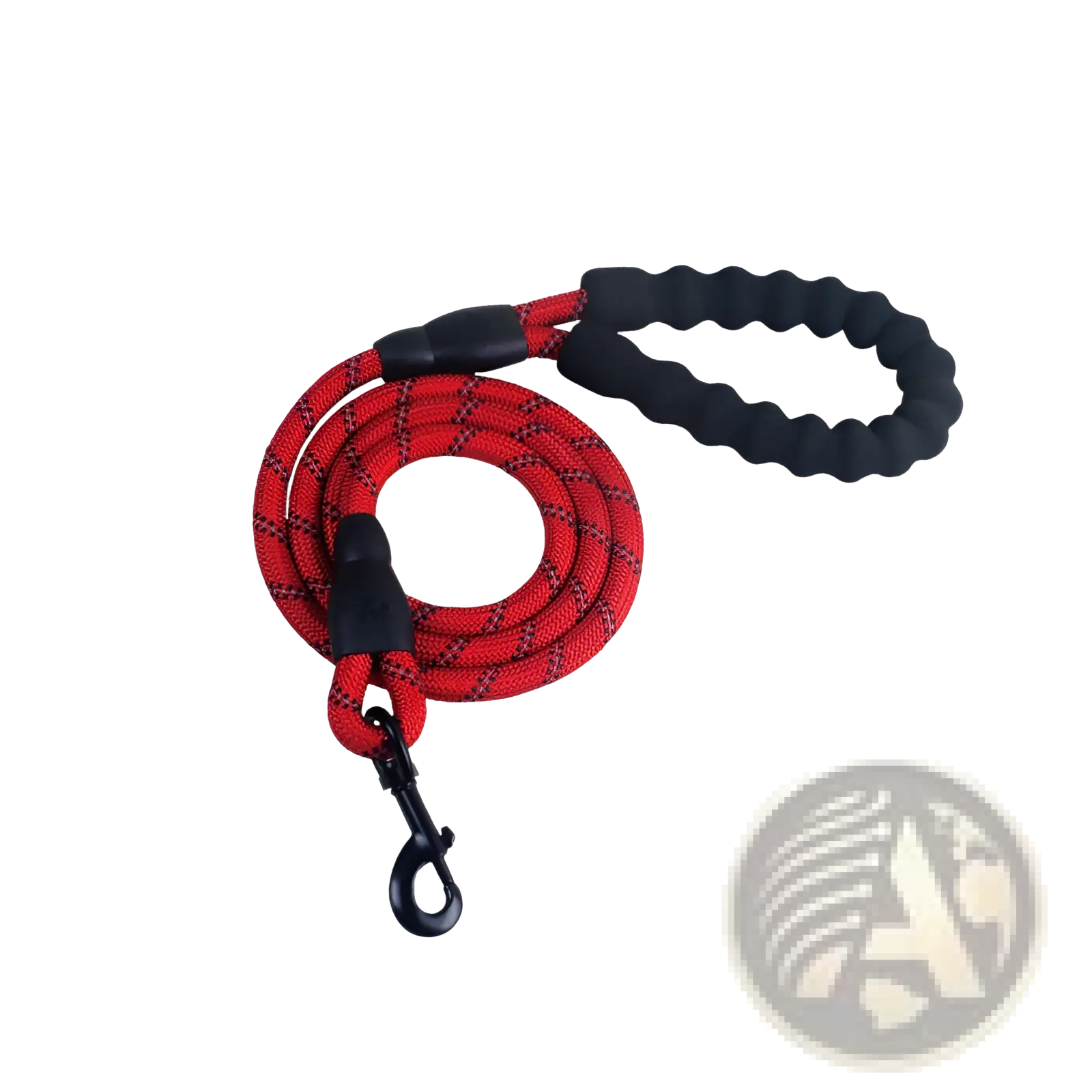 Reflective dog leash with red and black braided design, padded foam comfort handle, textured grip, and metal clasp