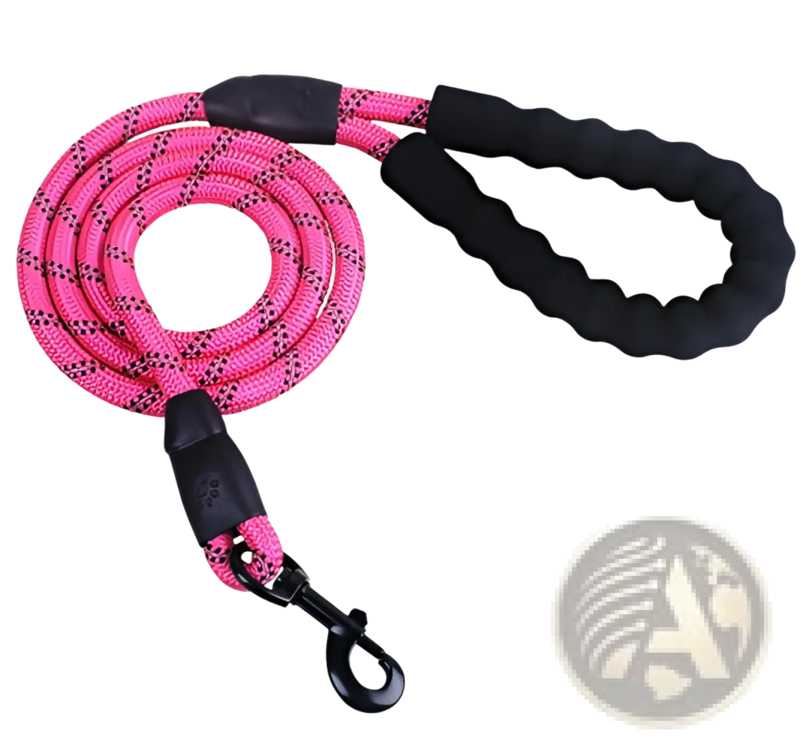 Reflective dog leash with pink and black woven design and padded foam comfort handle with textured grip