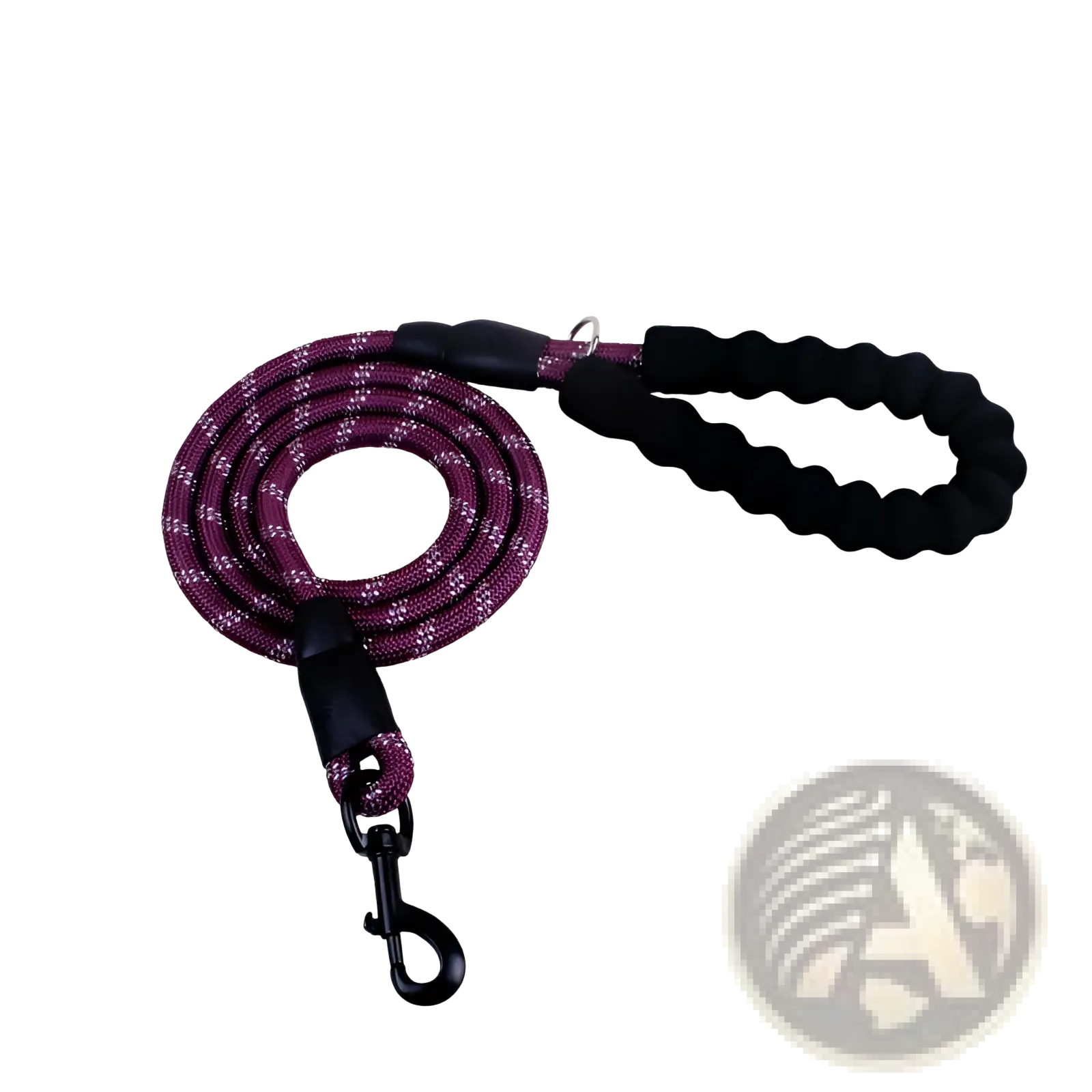 Reflective dog leash with maroon and white pattern, padded foam comfort handle, and sturdy metal clasp for durability