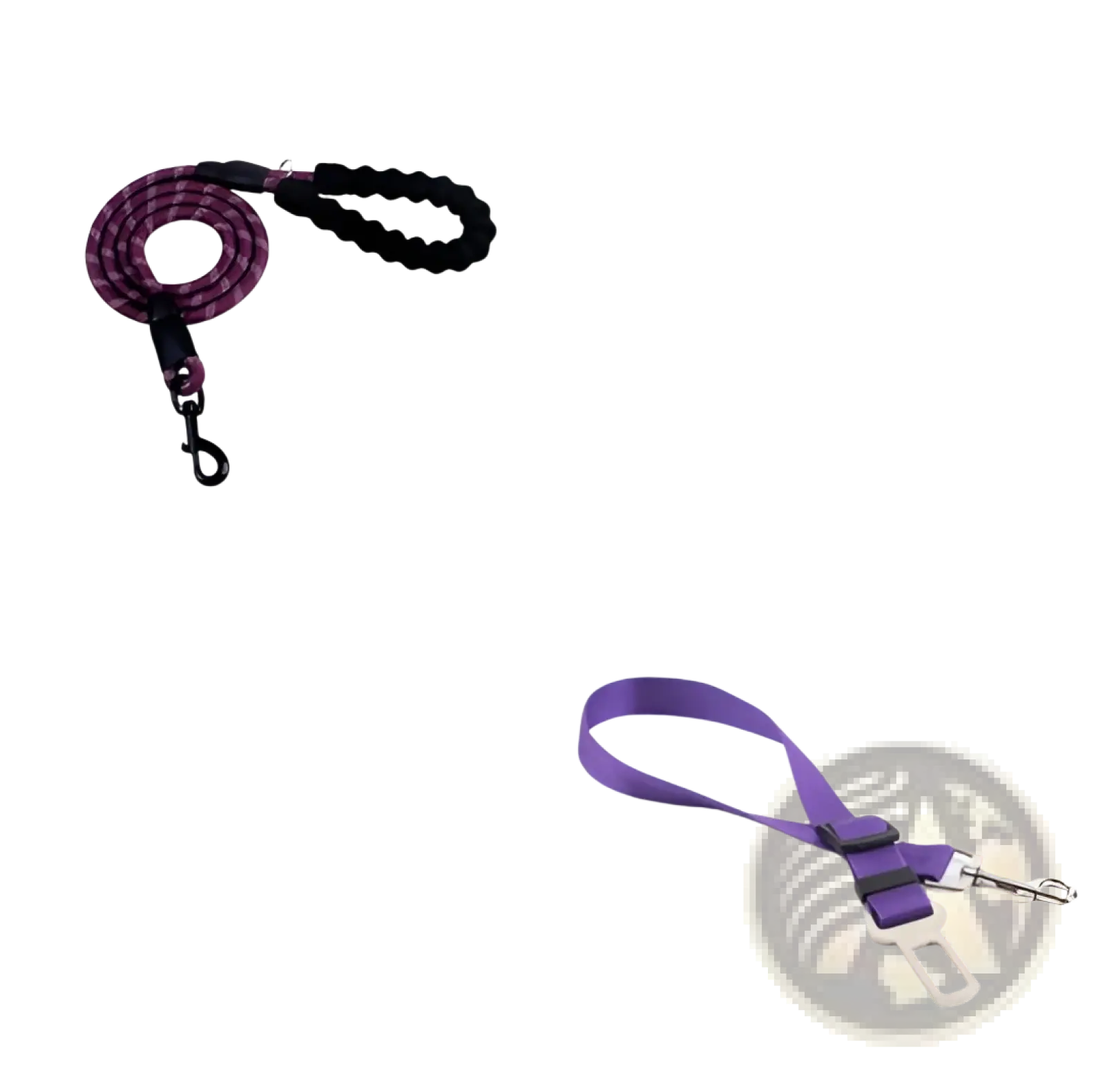 Reflective dog leash in purple and black elastic with padded foam comfort handle and sturdy metal clasp