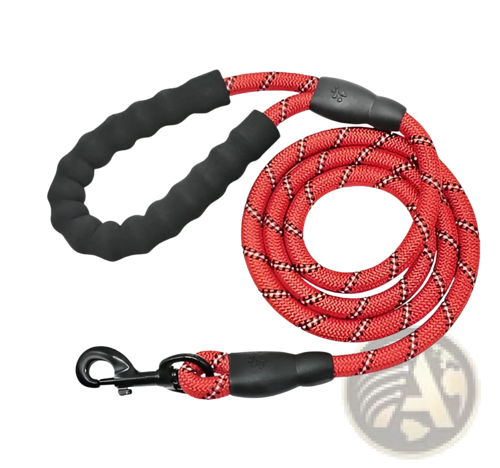 Reflective dog leash in red and black braided design with padded foam comfort handles and textured grip