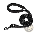 Black braided reflective dog leash with padded handle made of nylon and silver-toned metal clasp