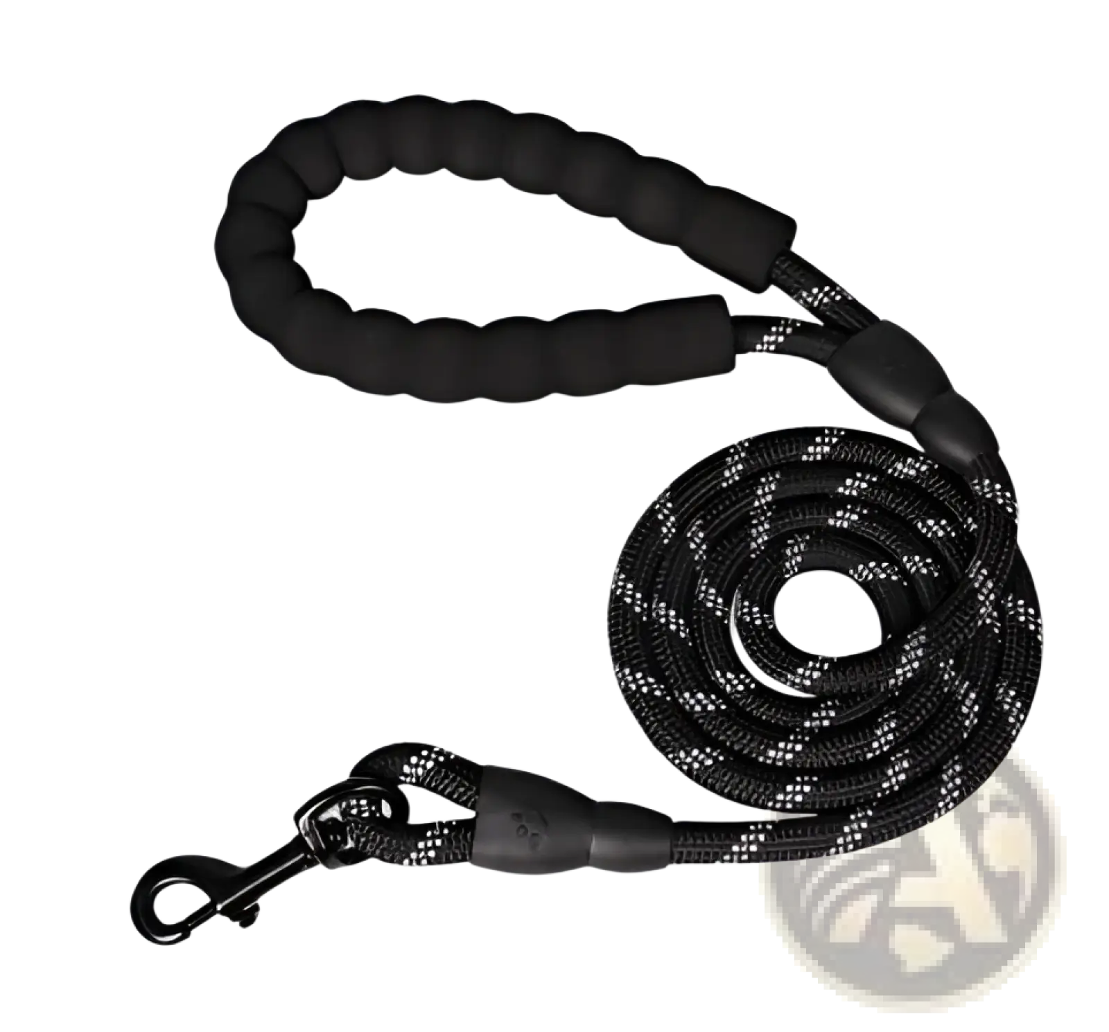 Black braided reflective dog leash with padded handle made of nylon and silver-toned metal clasp