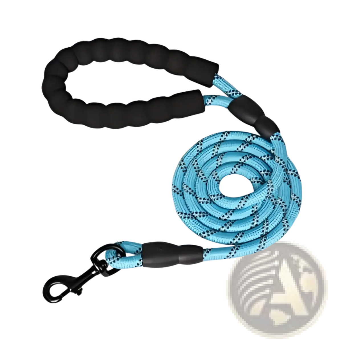 Light blue and black reflective dog leash with padded textured grip handle made of durable nylon