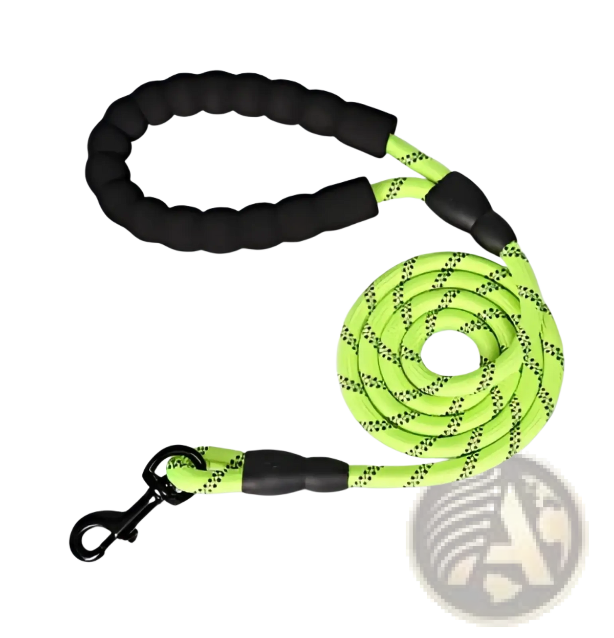 A bright neon green reflective dog leash with padded black foam handles and a sturdy nylon metal clasp