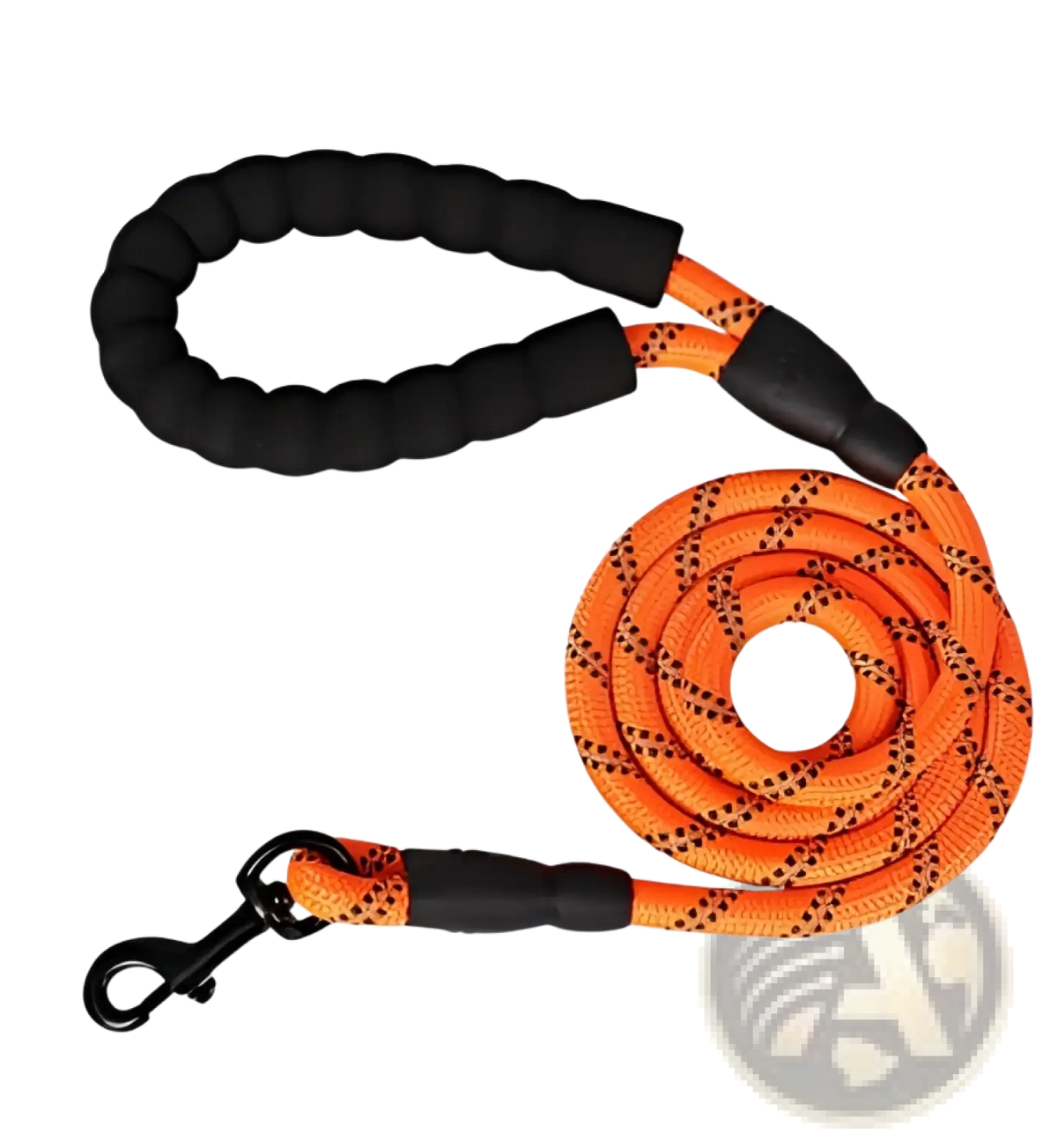 Reflective dog leash nylon bright orange with padded black foam handles and a sturdy metal clasp for secure walking