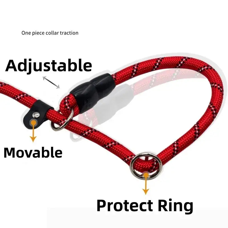 Red braided rope nylon dogs collar with black plastic adjuster and metal ring for training and traction use