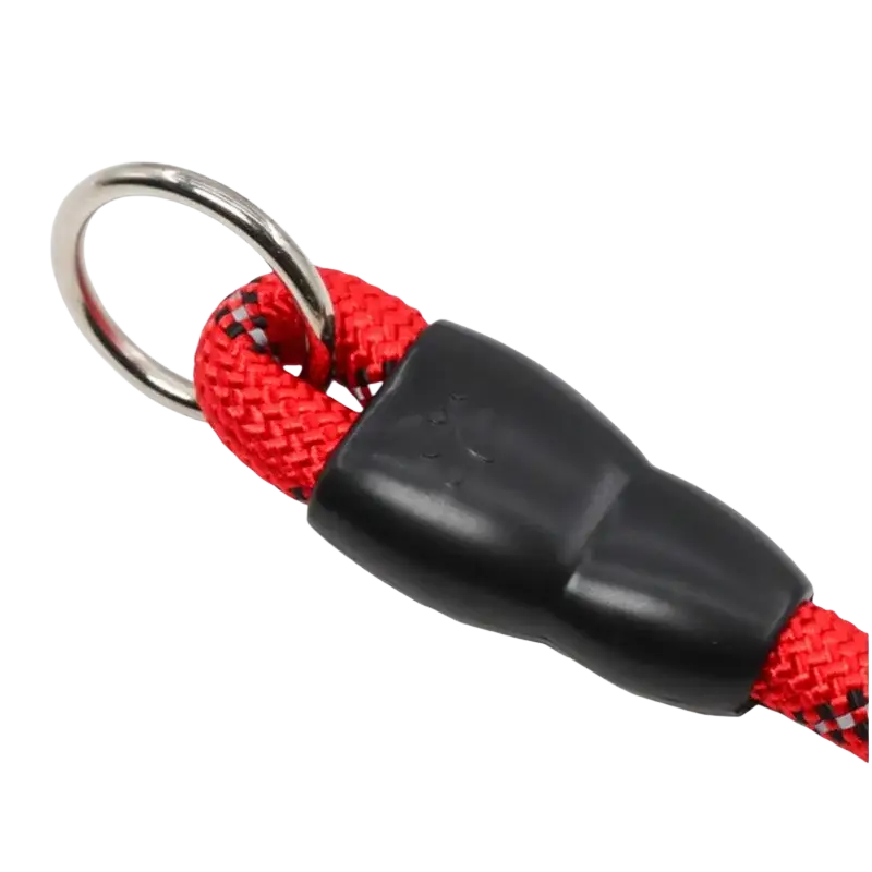 Red braided nylon leash with black plastic handle and silver metal ring for reflective dogs collars training p chain
