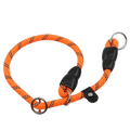 Bright orange rope dogs collar with black reinforced ends silver metal hardware for training and reflective use