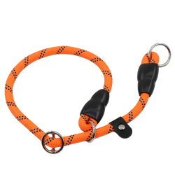 Bright orange rope dogs collar with black reinforced ends silver metal hardware for training and reflective use