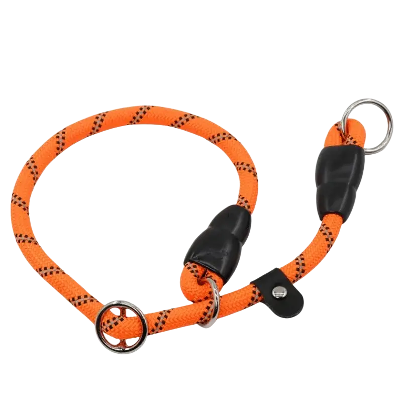 Bright orange rope dogs collar with black reinforced ends silver metal hardware for training and reflective use