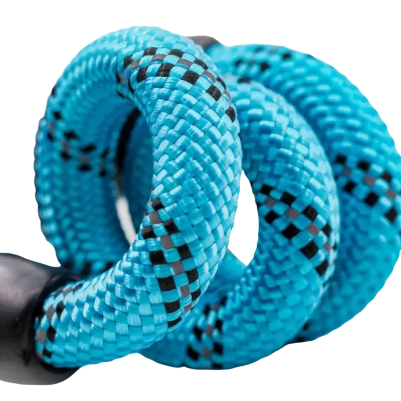 Bright turquoise braided nylon dogs collar with black and gray checkered reflective pattern for training use