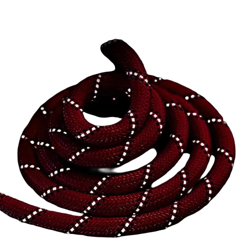 A coiled red nylon dogs collar with white and black striped reflective training chain for enhanced visibility