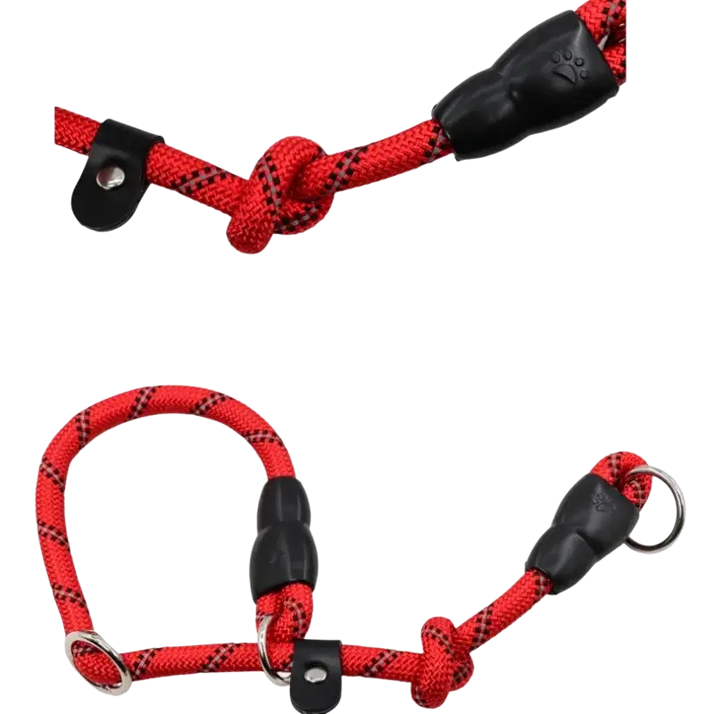 Red and black patterned reflective dogs collars training p chain nylon with black plastic handles and metal rings