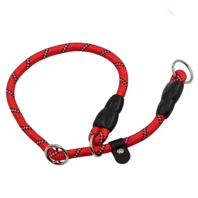 Reflective dogs collars training p chain nylon in red and black with patterned rope, black plastic handles, and metal rings
