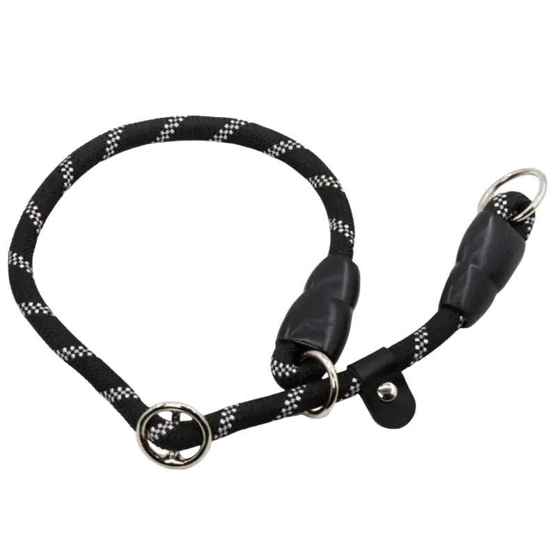 Black rope dogs collar with white checkered pattern black padded ends and silver metal rings for training use