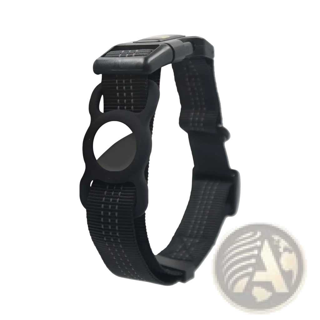 Reflective gps dog collar in black nylon with a two-tone white and gray silicone apple airtag tracker holder