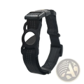 Reflective gps dog collar in black nylon with a two-tone white and gray silicone apple airtag tracker holder