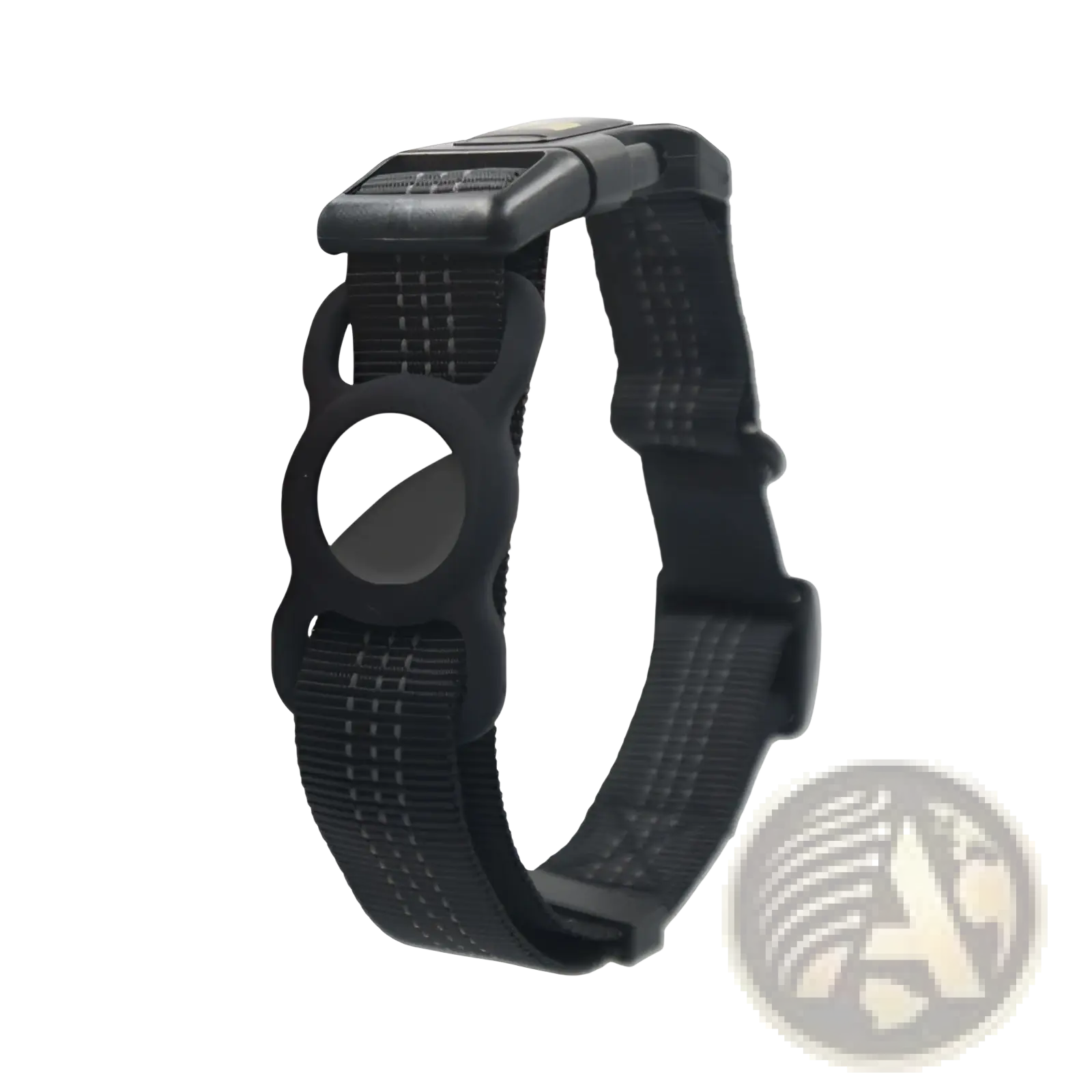 Reflective gps dog collar in black nylon with a two-tone white and gray silicone apple airtag tracker holder