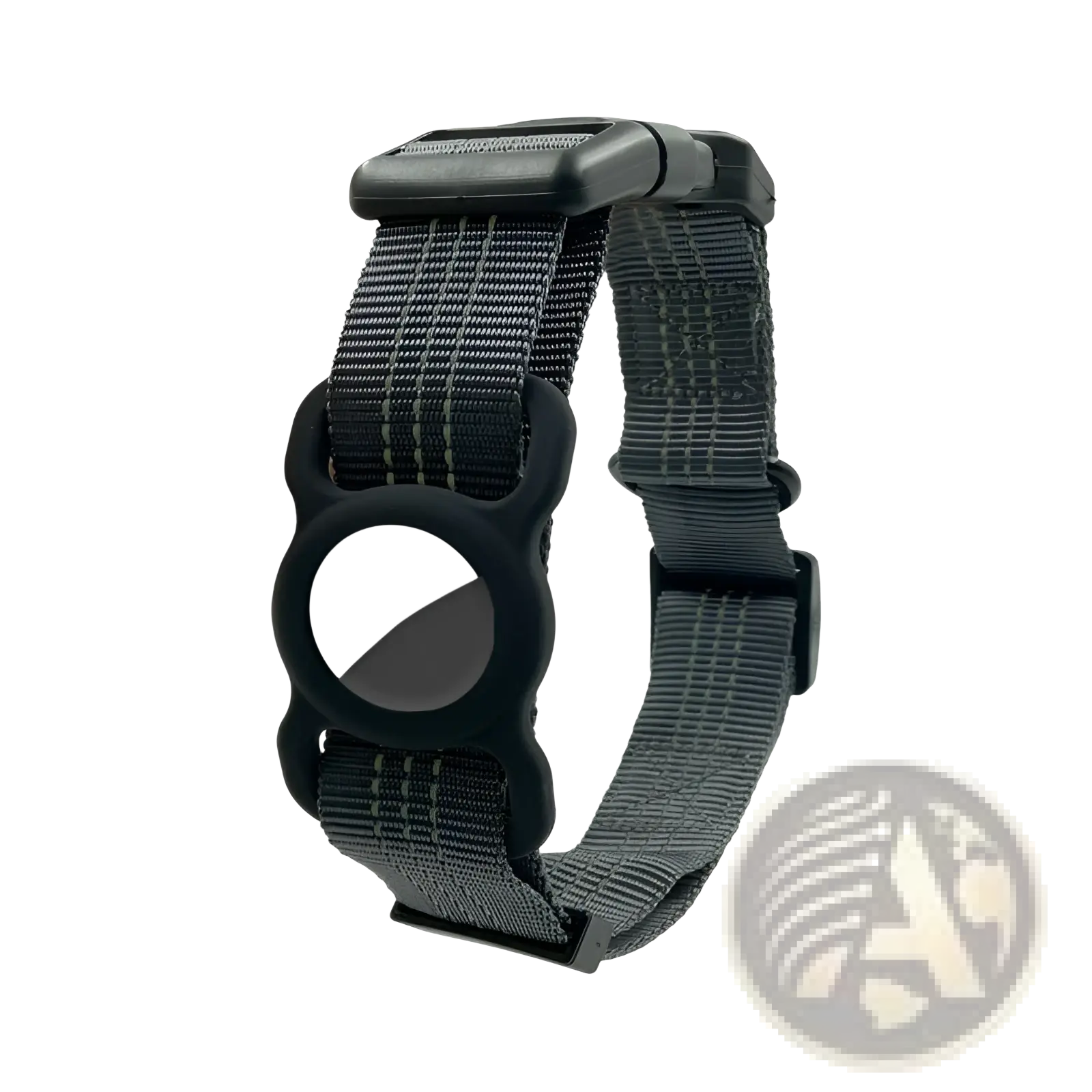 Black silicone and gray nylon reflective gps dog collar with magnetic clasp and nylon tracker holder shown from back side
