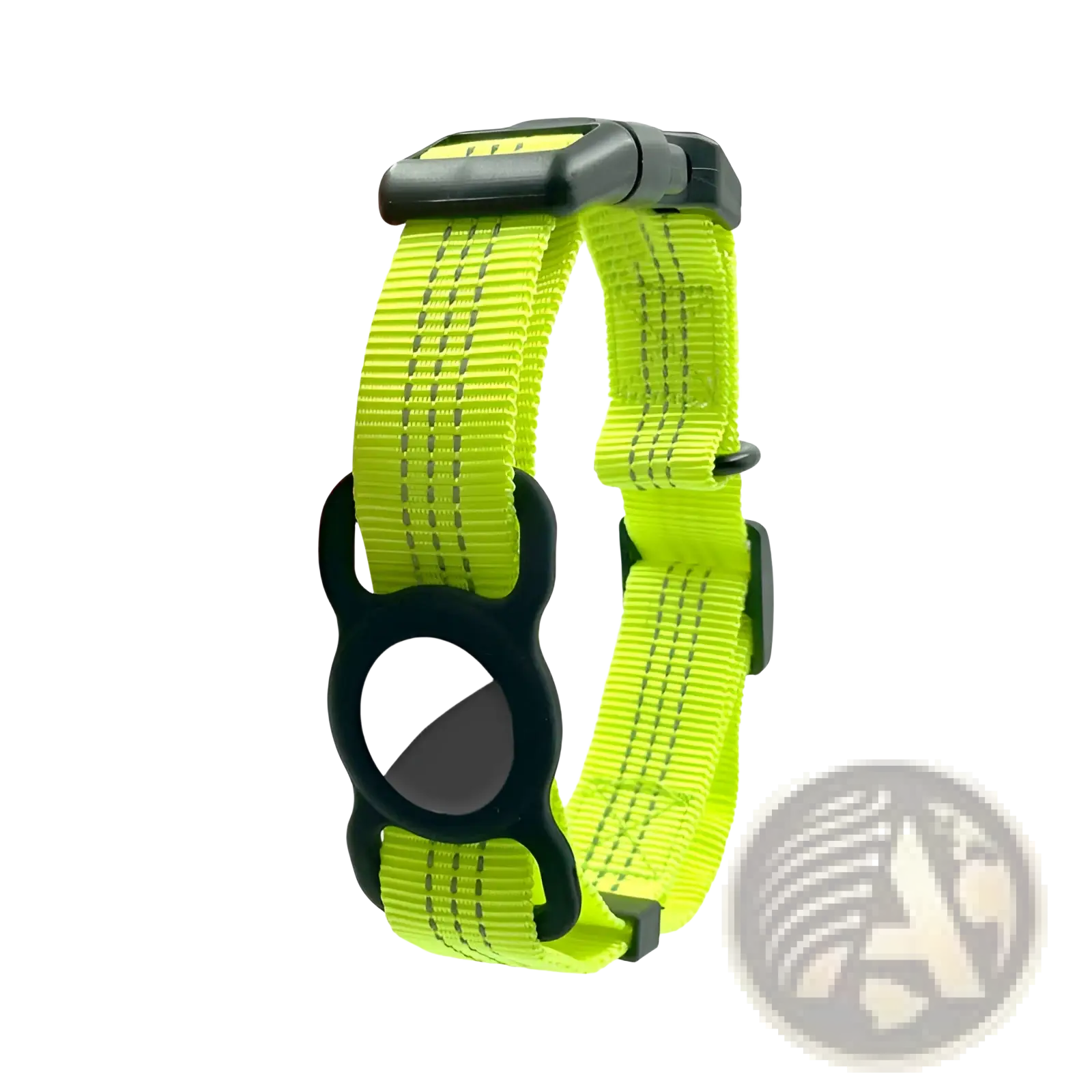 Bright neon green reflective gps dog collar with nylon tracker holder and black plastic buckle with circular tag holder