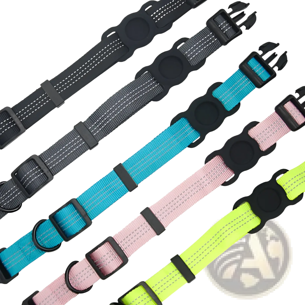 Brightly colored reflective gps dog collars in black gray teal pink and neon yellow with nylon tracker holders and buckles