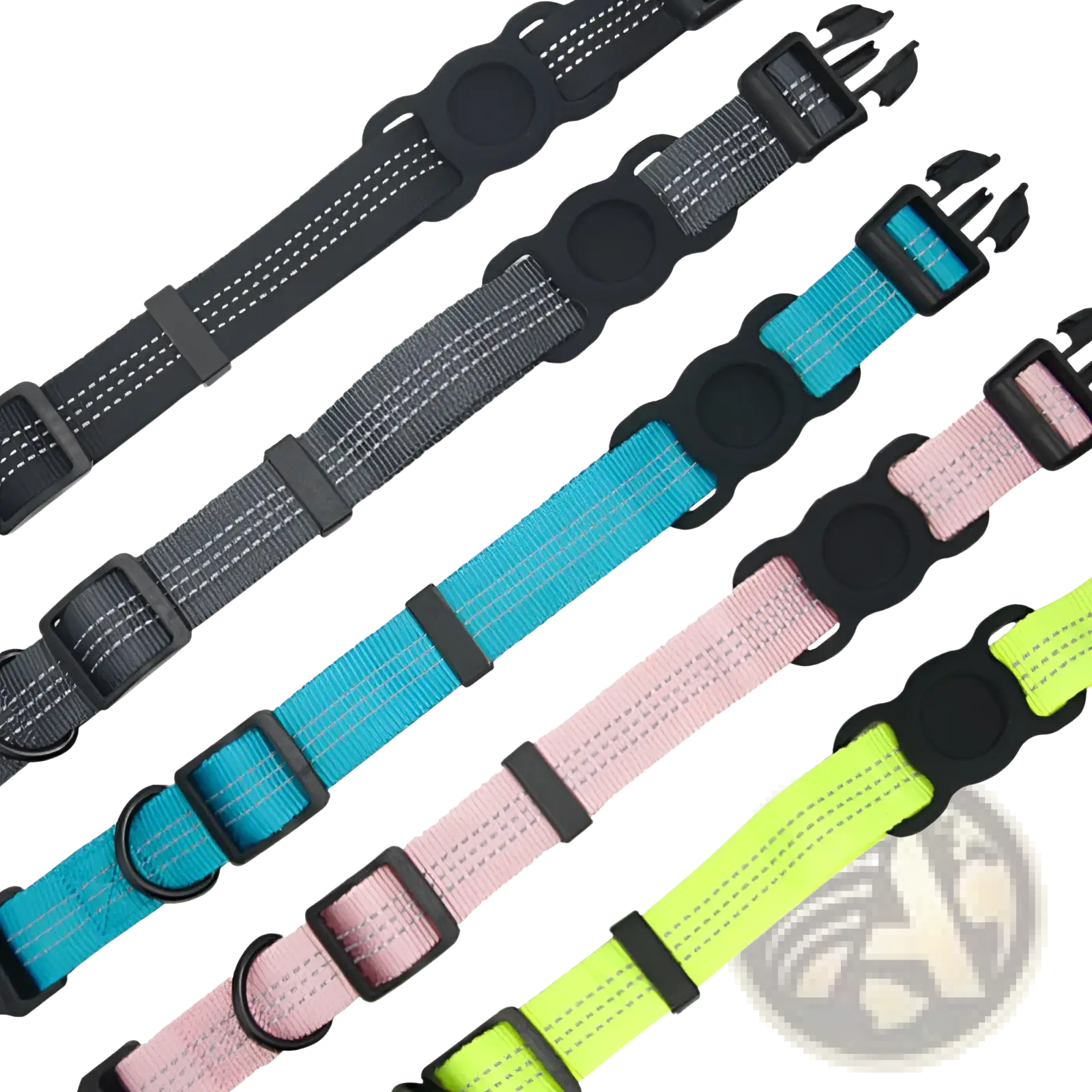 Brightly colored reflective gps dog collars in black gray teal pink and neon yellow with nylon tracker holders and buckles