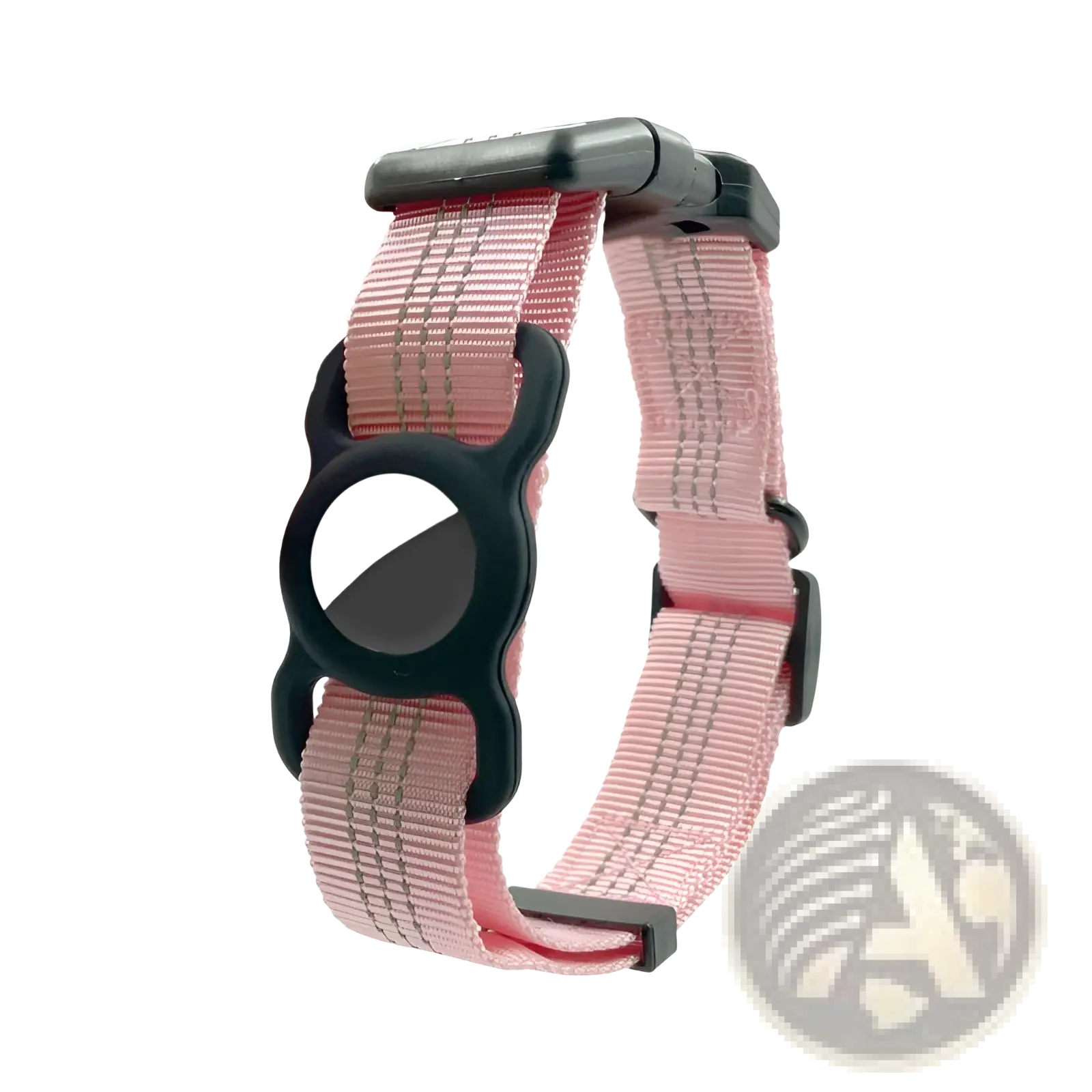 Reflective gps dog collar in pink woven nylon with black plastic clasp and circular black nylon tracker holder clip