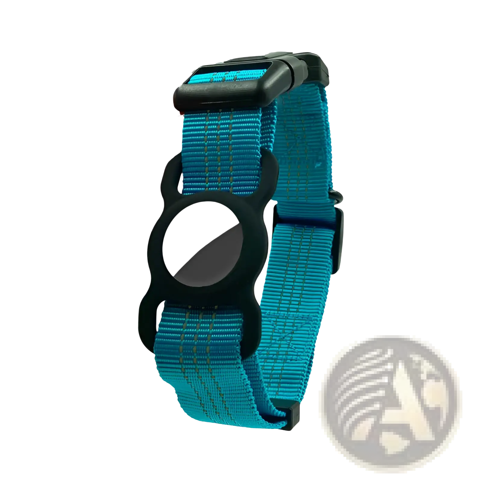 Teal reflective gps dog collar made of nylon with black plastic buckle and circular white gray tracker tag holder