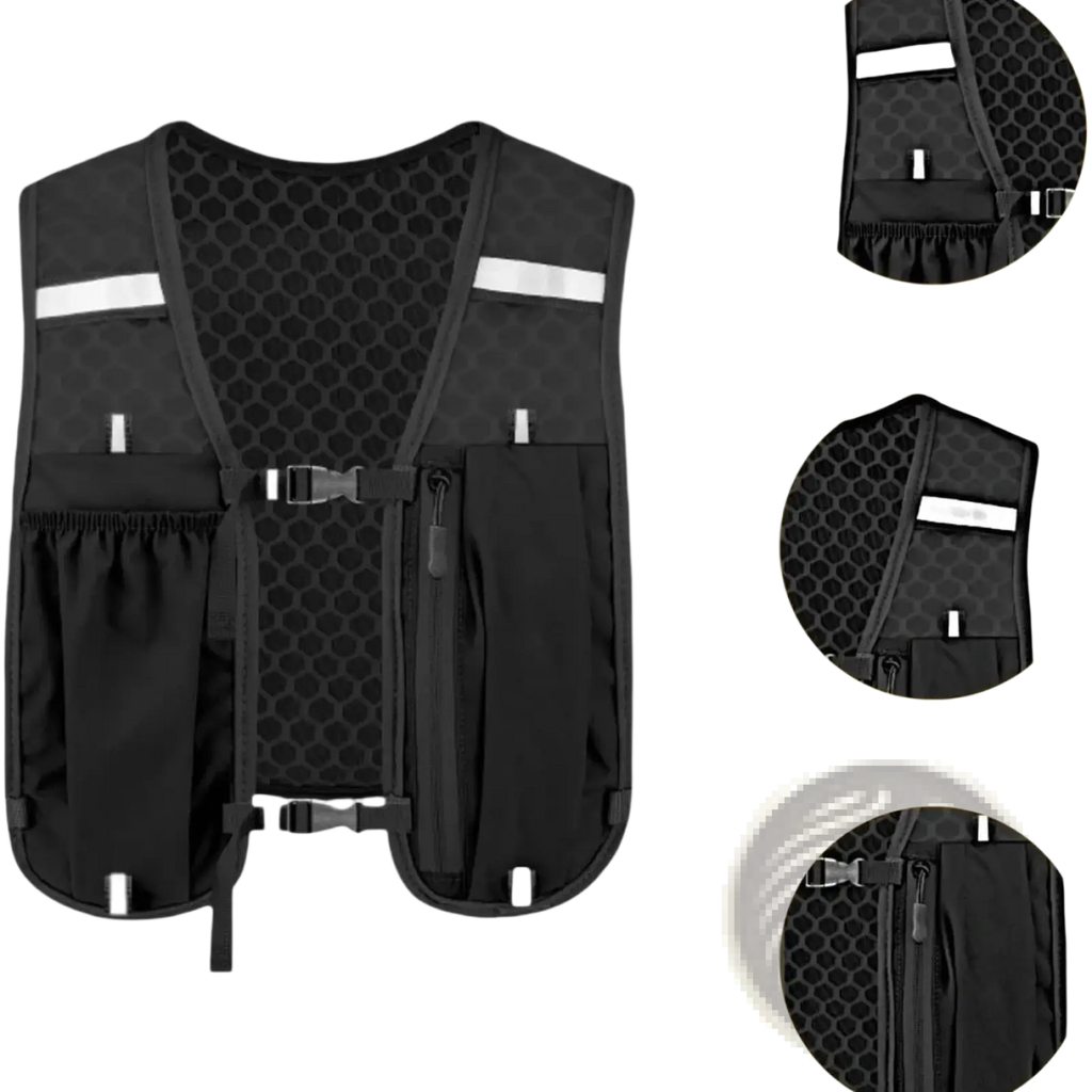 Black mesh-backed reflective hydration running vest with white stripes and multiple pockets for women and men