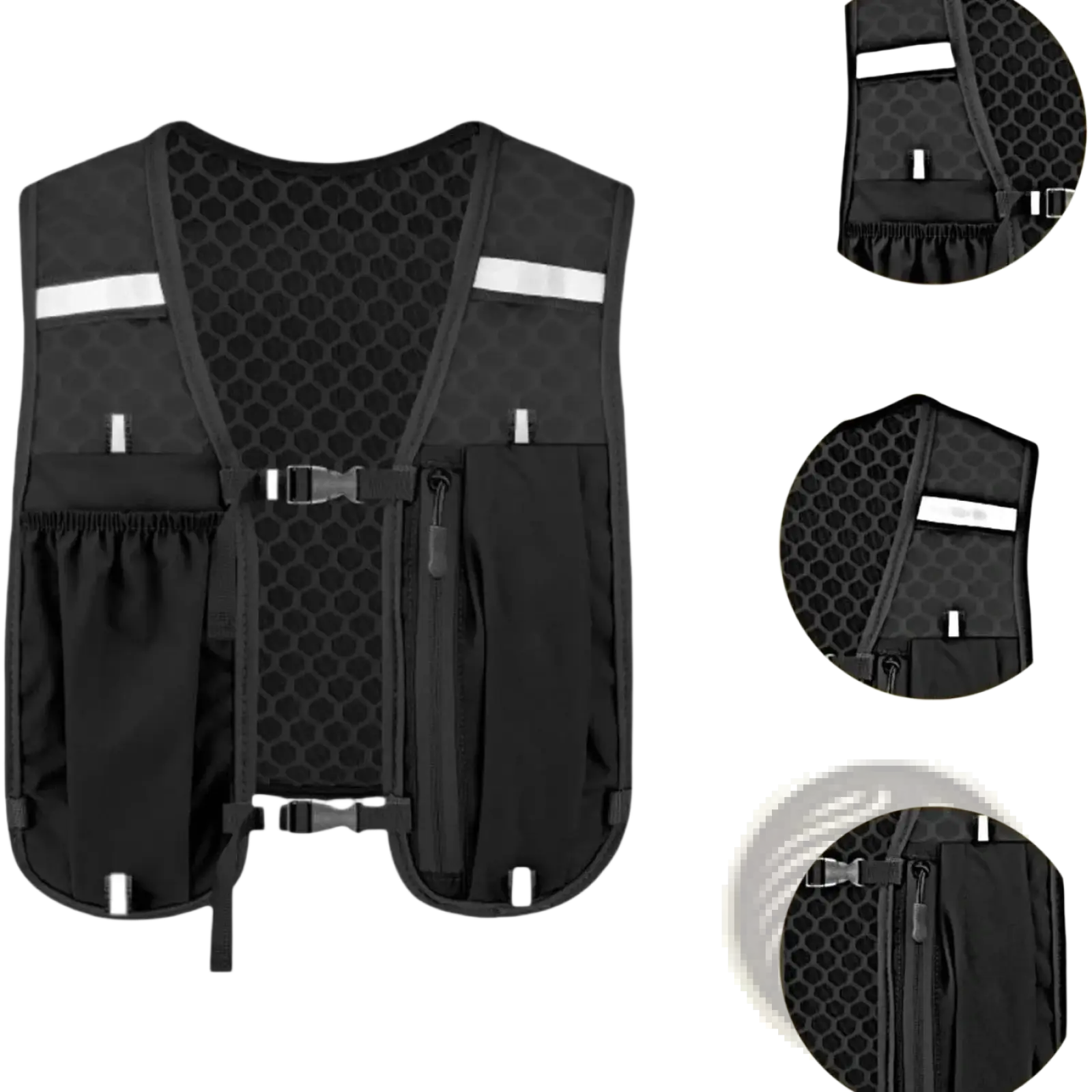 Black mesh-backed reflective hydration running vest with white stripes and multiple pockets for women and men