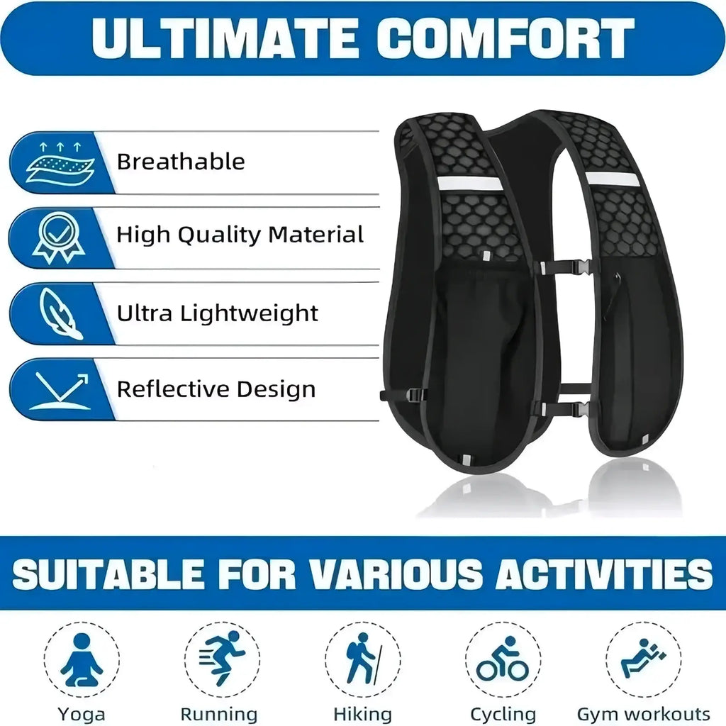Black mesh reflective hydration running vest with stripes and side pockets for women and men