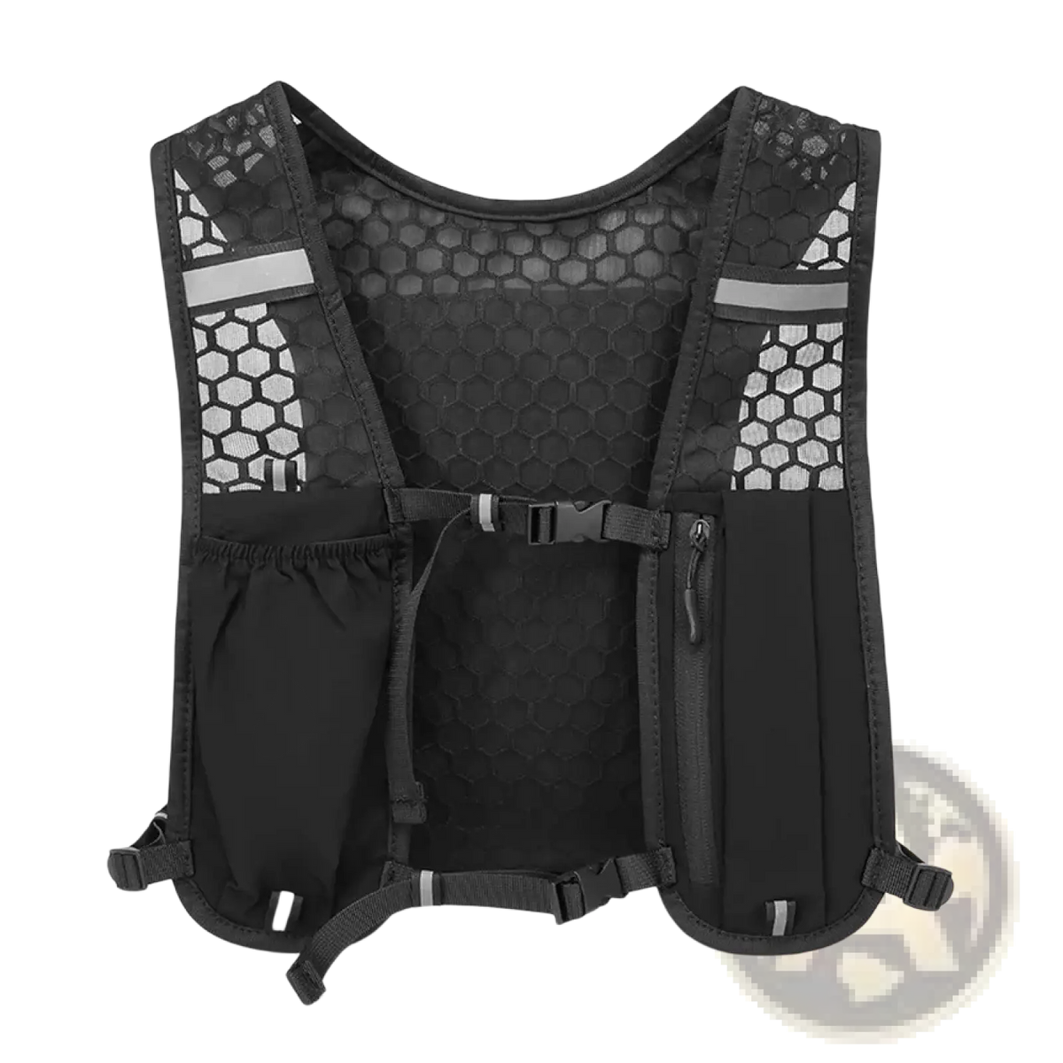 Black mesh reflective hydration running vest with multiple pockets for women and men shown from the back side