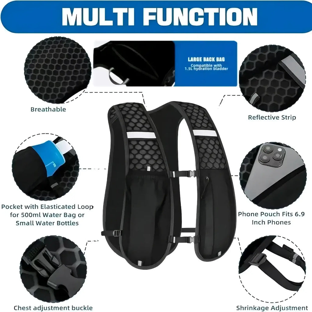 Black reflective hydration running vest with breathable honeycomb mesh panels and reflective strips for men and women