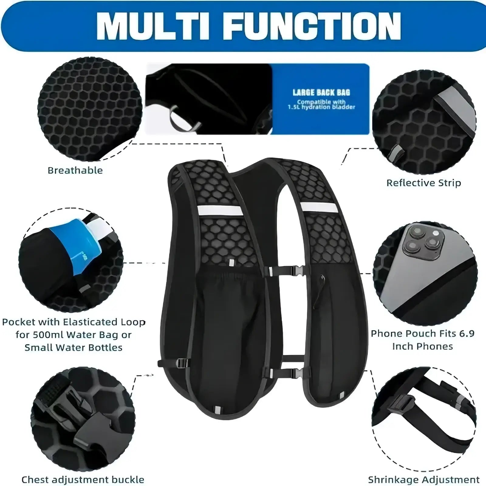 Black reflective hydration running vest with breathable honeycomb mesh panels and reflective strips for men and women