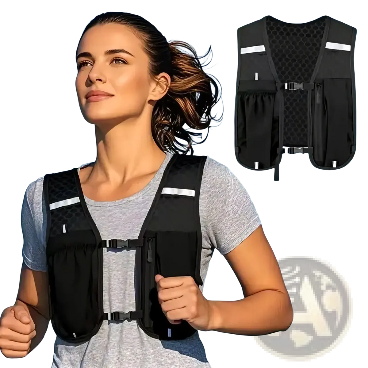 Black reflective hydration running vest with multiple pockets designed for women and men visible from the back side
