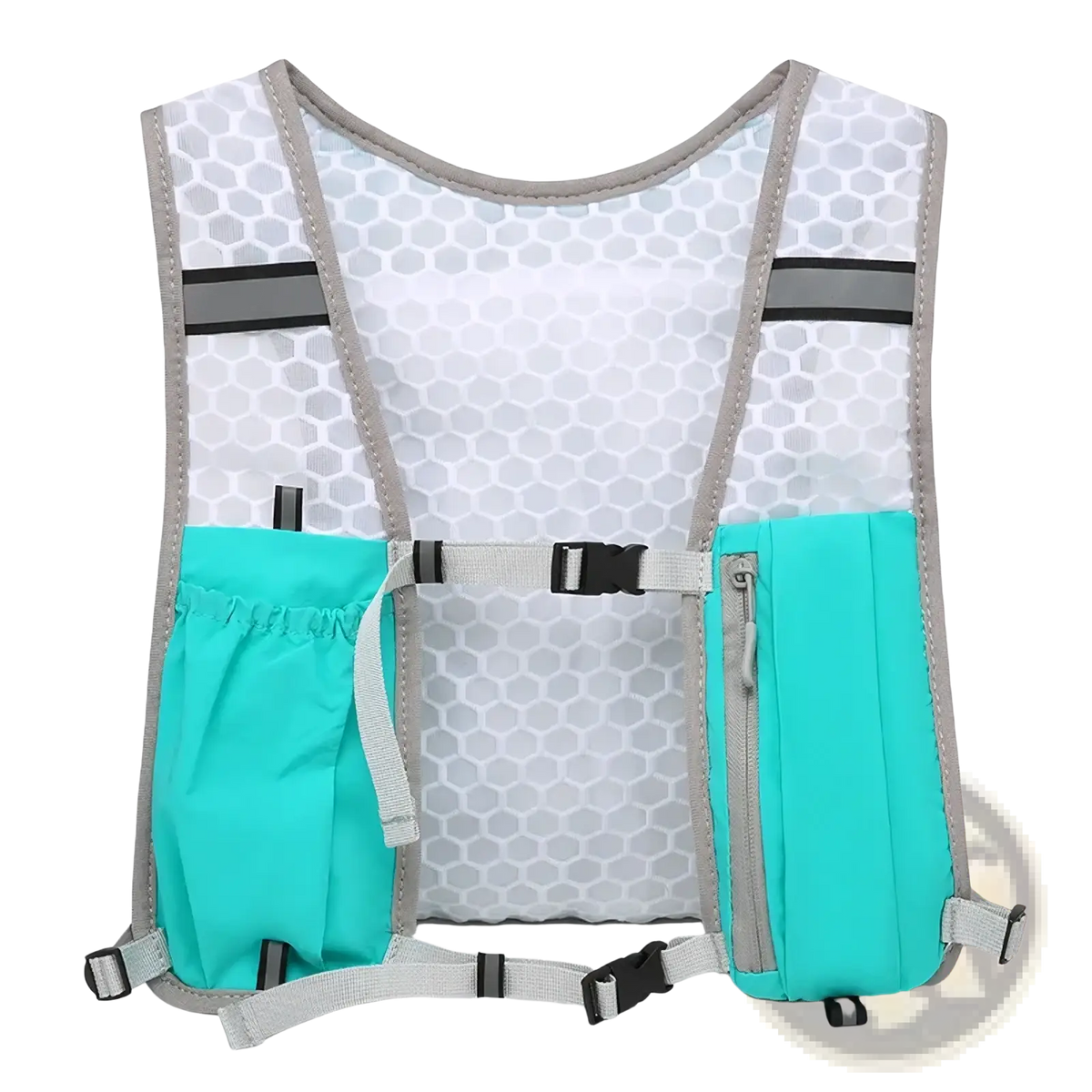 Reflective hydration running vest for women and men in light gray and teal with breathable mesh back and zippered side pockets