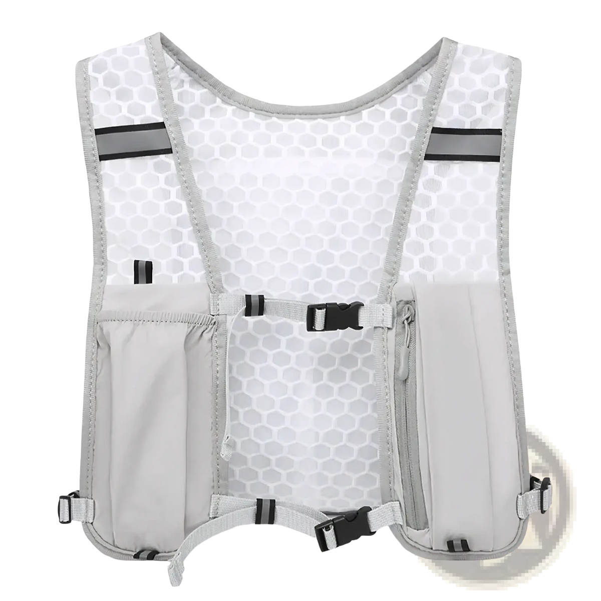 Light gray mesh reflective hydration running vest with multiple pockets designed for women and men